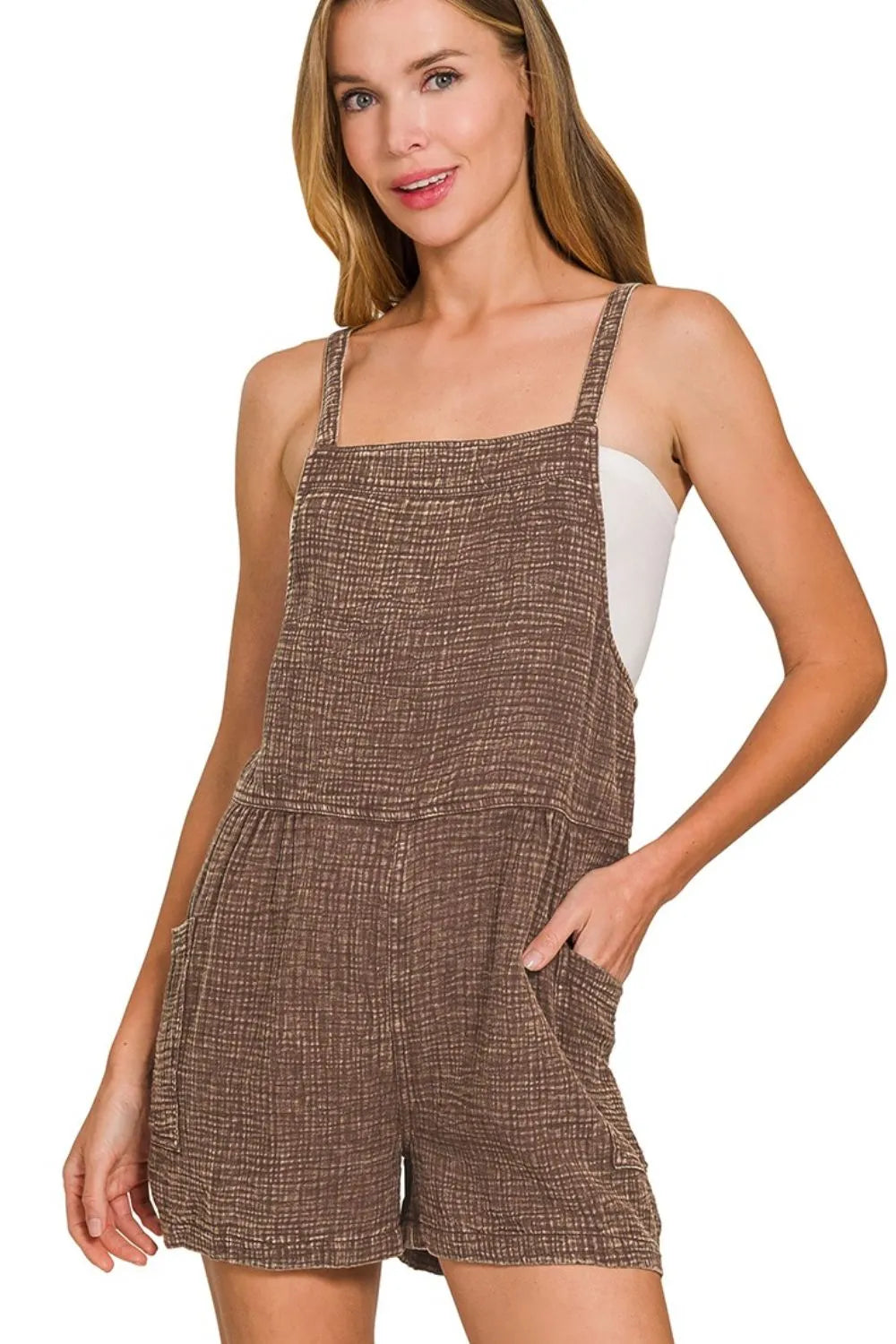 Brown Checkered Short Romper – Square Neck, Adjustable Straps & Pockets