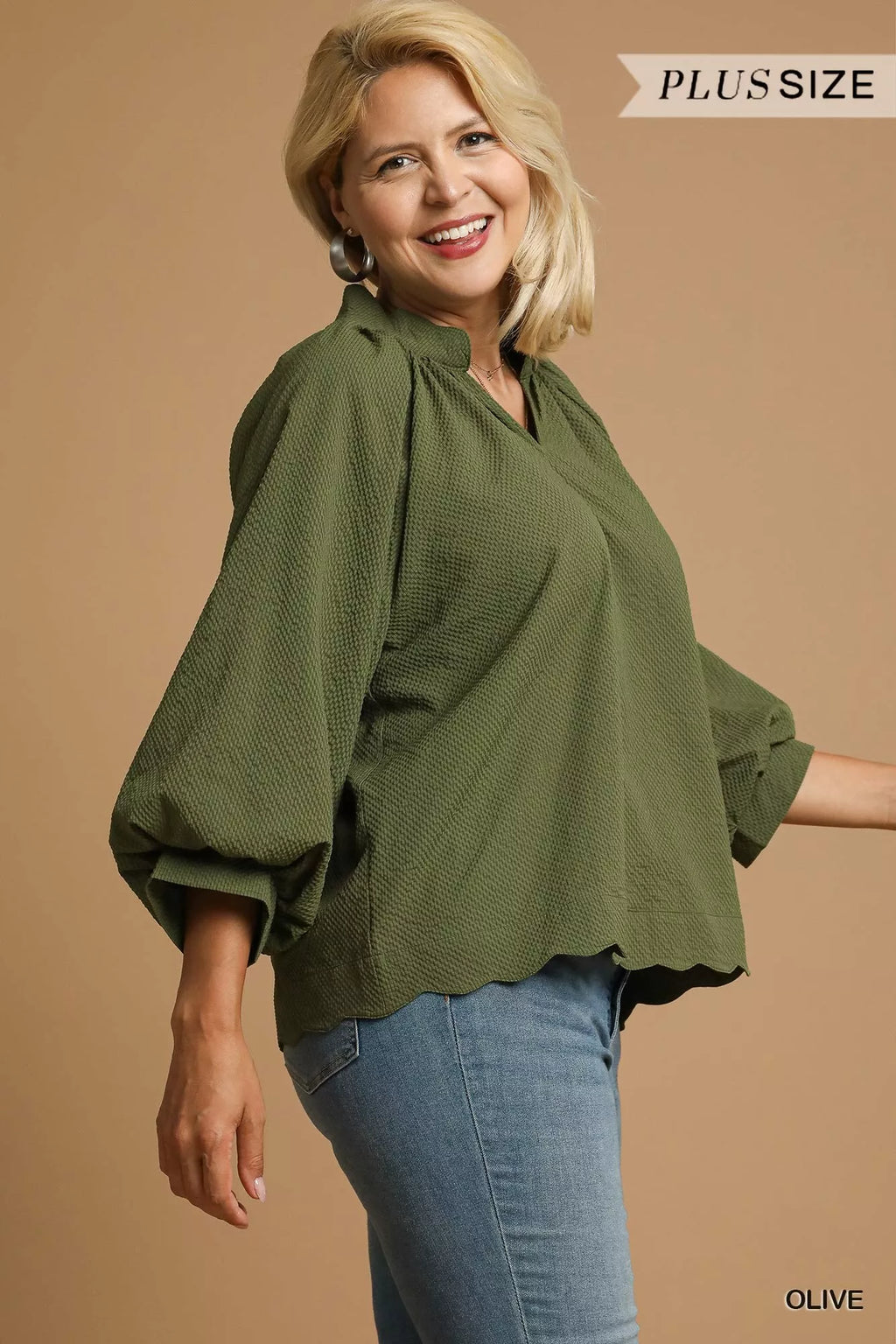 Textured Notched Balloon Sleeve Blouse Plus Size Women’s Top