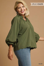 Textured Notched Balloon Sleeve Blouse Plus Size Women’s Top