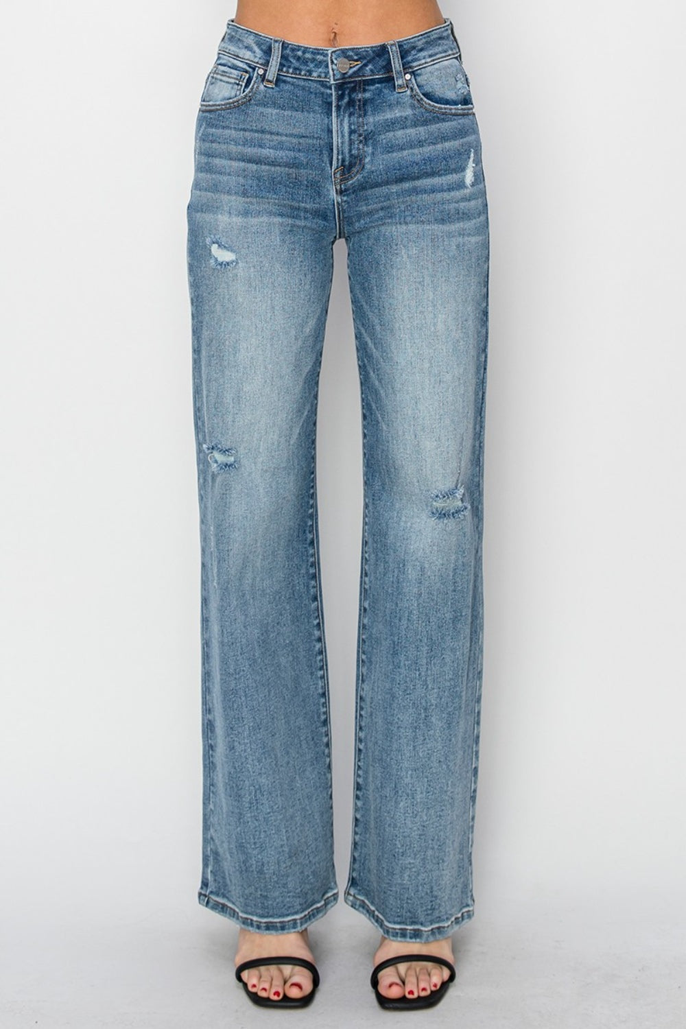 Risen High Waist Distressed Wide Leg Jeans