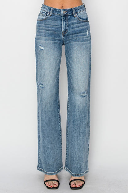 Risen High Waist Distressed Wide Leg Jeans