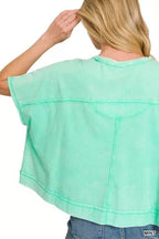 Mint acid-washed oversized pocket tee, back view, crew neck, short sleeves