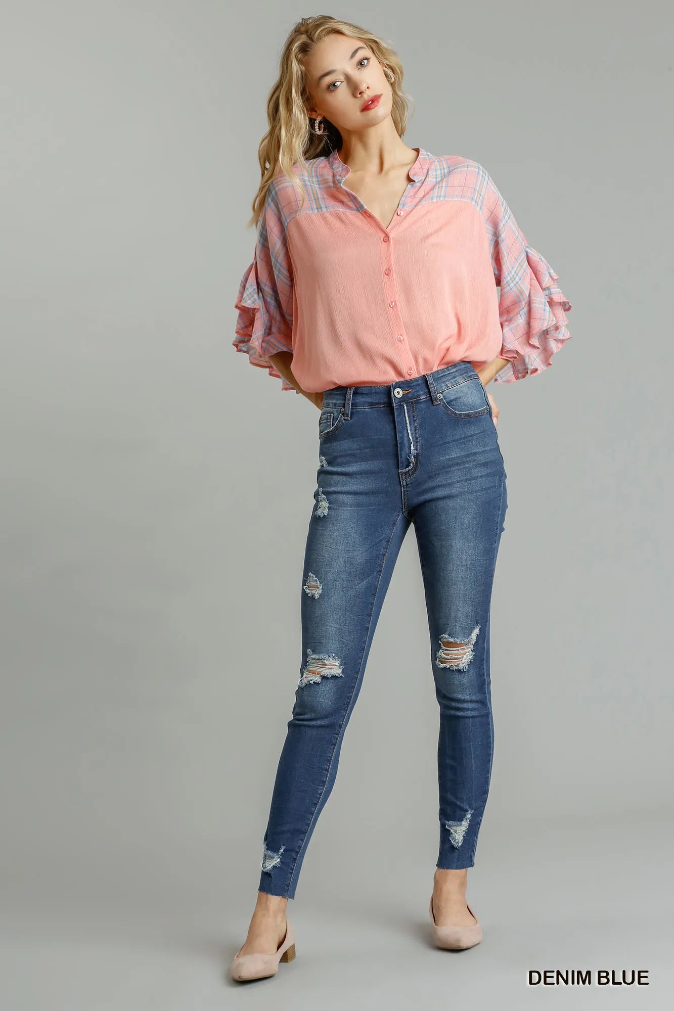 High-Waisted Distressed Skinny Jeans – Medium Blue Stretch Denim