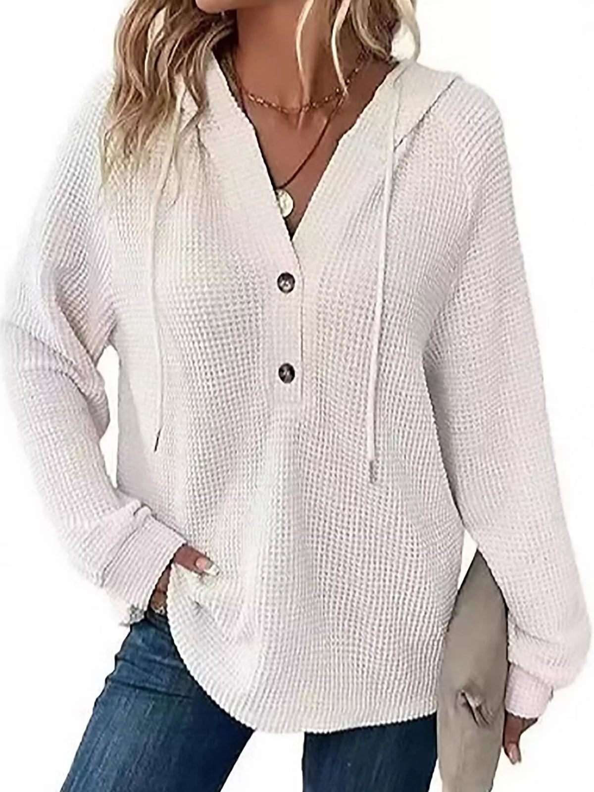 Cream waffle-knit button hoodie with hood and front button placket