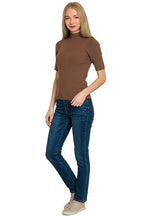 Brown ribbed mock neck short-sleeve sweater, fitted at waist