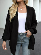 Black chunky knit cardigan open front with wide sleeves and textured knit