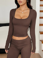 Long Sleeve Crop Top & Bootcut Pants Set – Trendy Two-Piece Outfit
