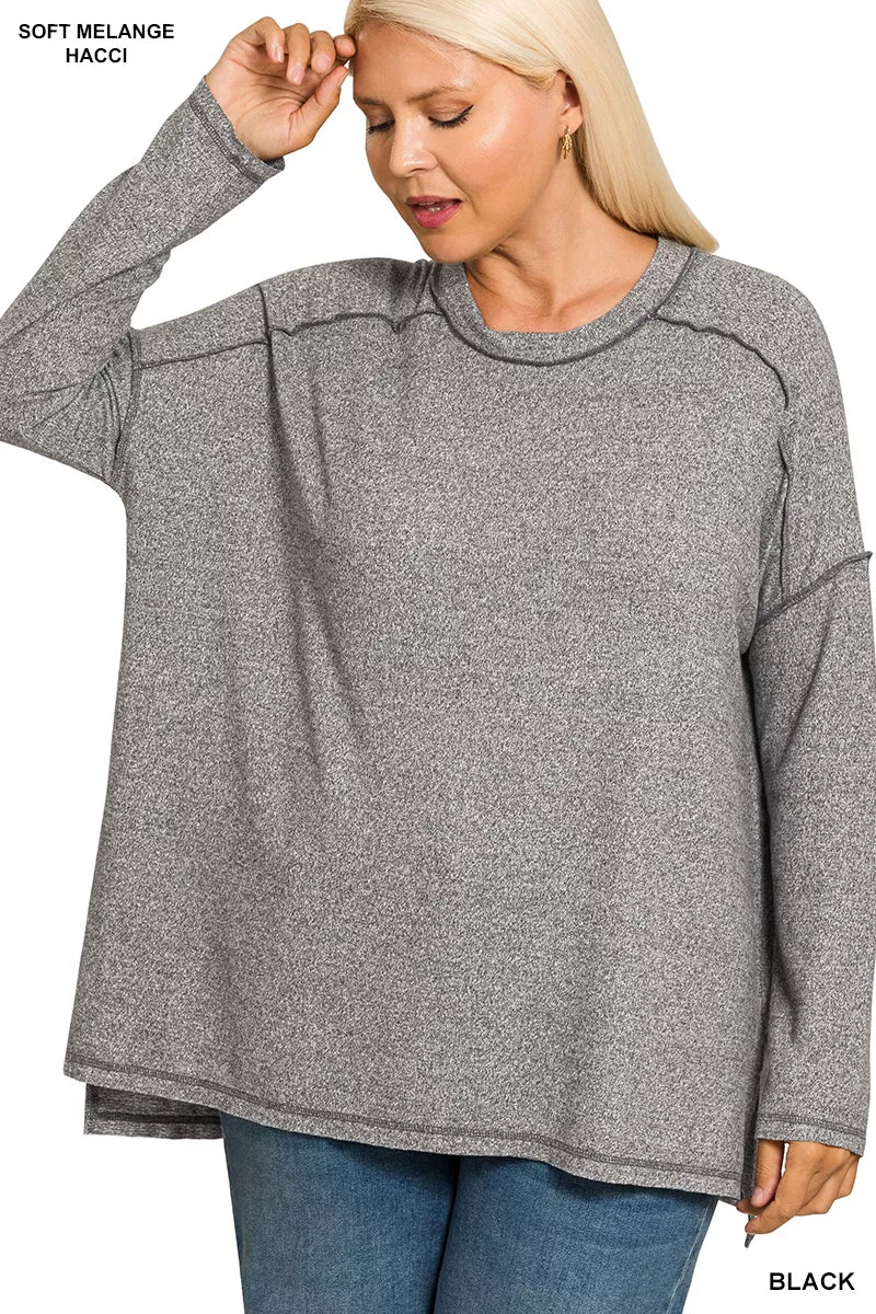 Zenana Soft Melange Hacci Exposed Seam Hi-Low Tee