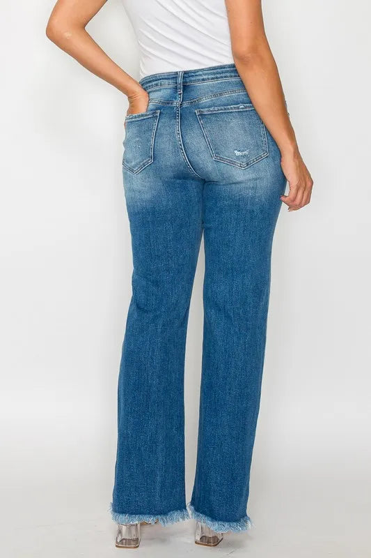 Raw Hem Mid Rise Straight Jeans – Distressed, Flattering & Timeless