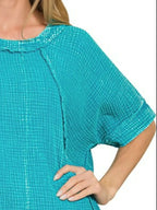 Washed Double Gauze Top – Exposed Seam Casual Short Sleeve Shirt