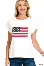 Plus size white crew-neck graphic T-shirt with US flag print, short sleeves