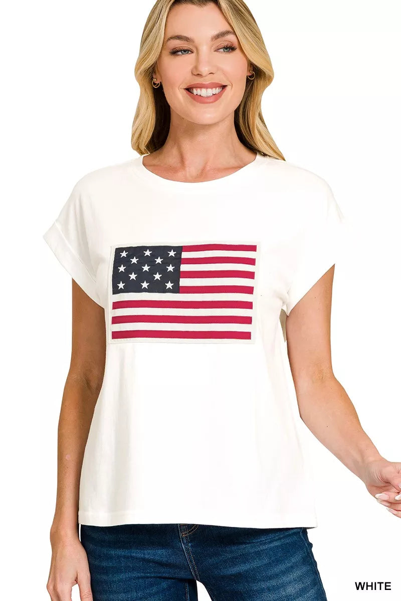 Plus size white crew-neck graphic T-shirt with US flag print, short sleeves