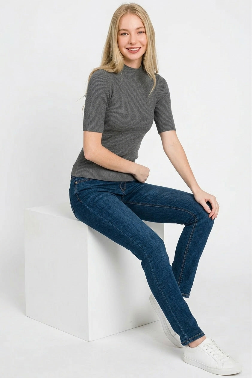 Charcoal ribbed mock neck pullover with short sleeves, slim knit