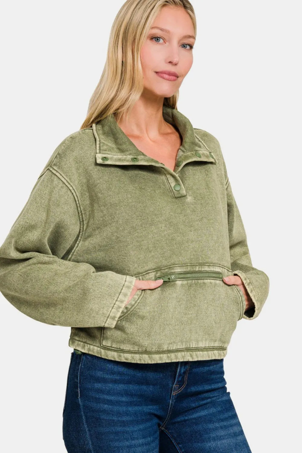 Acid Wash Fleece Half Snap Pullover – Cozy Women’s Casual Sweatshirt