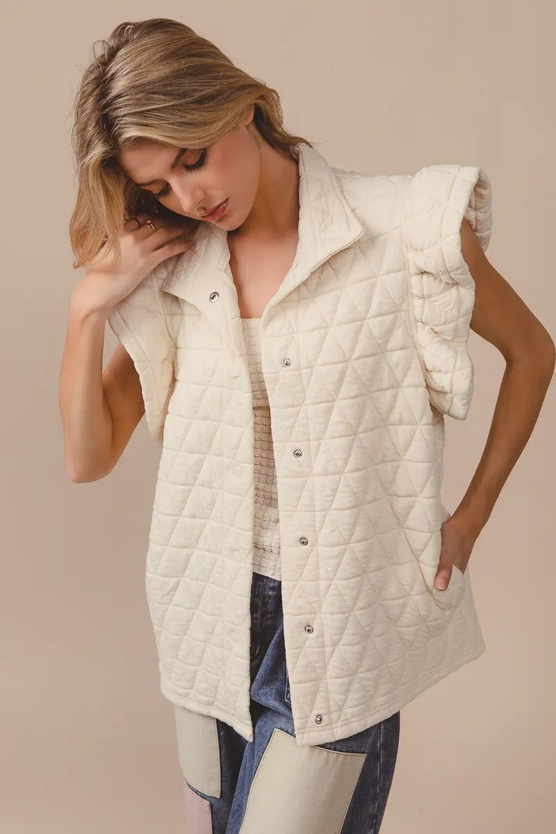 Cream Quilted Vest Coat – Diamond Pattern Button-Front Layering Piece