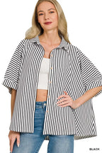 Women's oversized striped button-down shirt with short sleeves, black-and-white vertical stripes