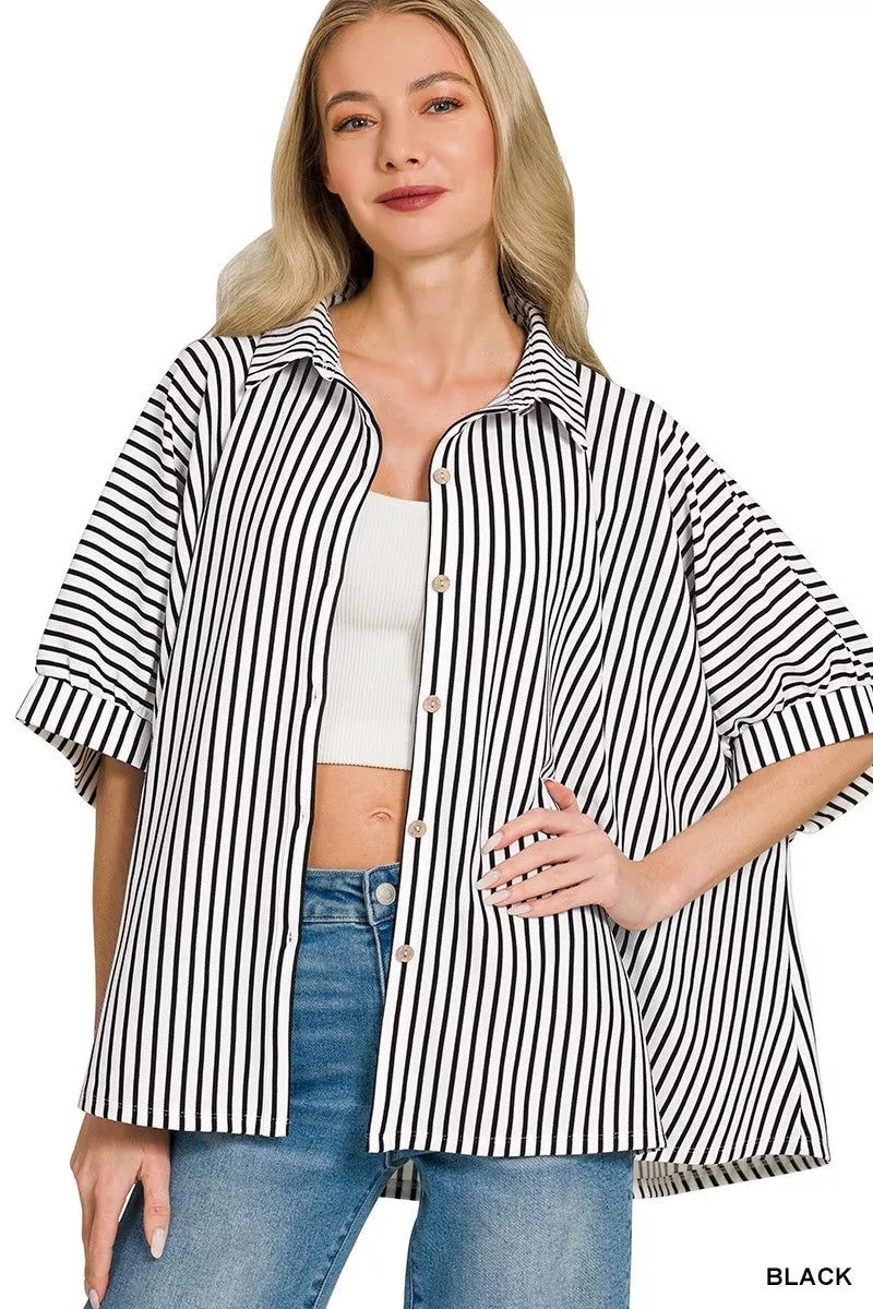 Women's oversized striped button-down shirt with short sleeves, black-and-white vertical stripes
