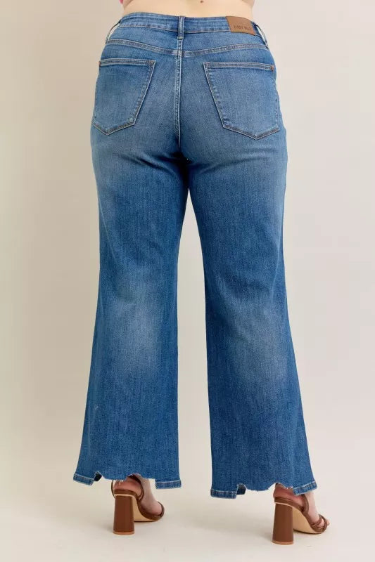 Judy Blue High Waist Tummy Control Wide Jeans – Chew Hem Destroyed
