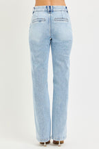 Light wash high-rise straight-leg jeans, back view with two pockets