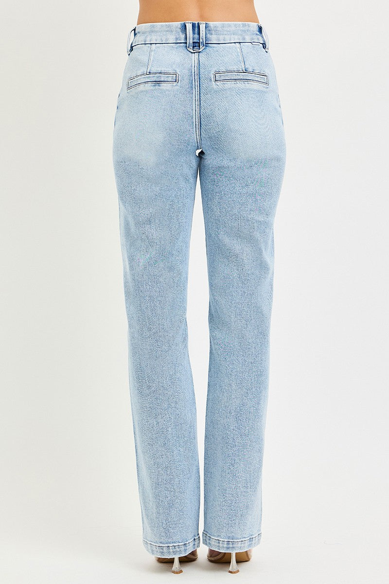 Light wash high-rise straight-leg jeans, back view with two pockets