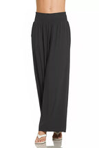 Black wide-leg lounge pants with gathered smocked waist