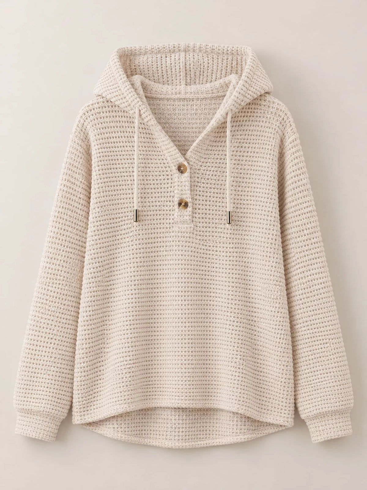 Cream waffle-knit button hoodie with hood and two front pockets