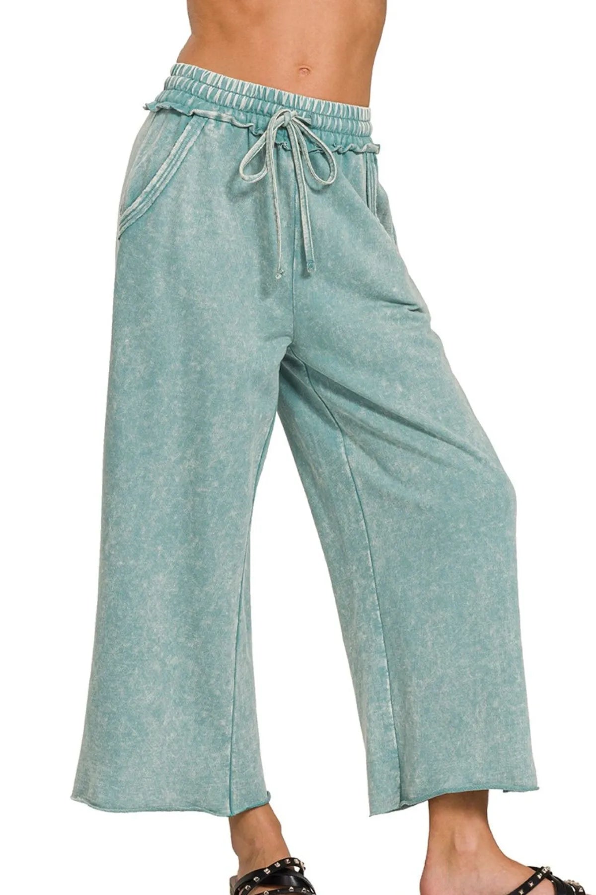 Ash Blue Wide Leg Pants – Ruffle Waist, Vintage Wash & Pockets