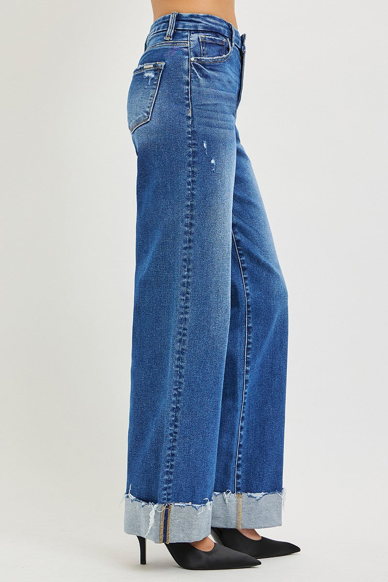 High-rise wide-leg jeans, medium blue wash, side seam with cuffed frayed hem