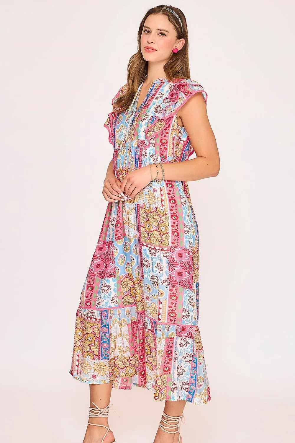Umgee Tie Neck Double Layered Ruffle Sleeve Midi Dress