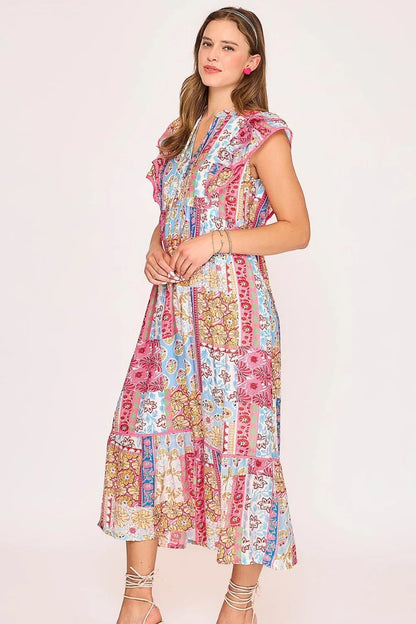 Umgee Tie Neck Double Layered Ruffle Sleeve Midi Dress