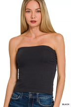 Black strapless cotton tube top with built-in bra, snug straight neckline