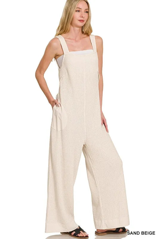 Knit Waffle Wide Leg Overalls – Adjustable Straps & Cozy Texture