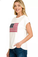 Plus size white crew-neck graphic T-shirt with US flag print, short sleeves (side view)