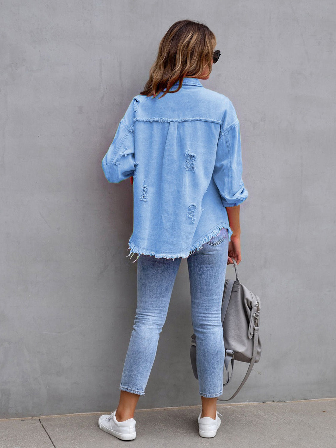 Distressed Drop Shoulder Denim Jacket – Casual Oversized Style