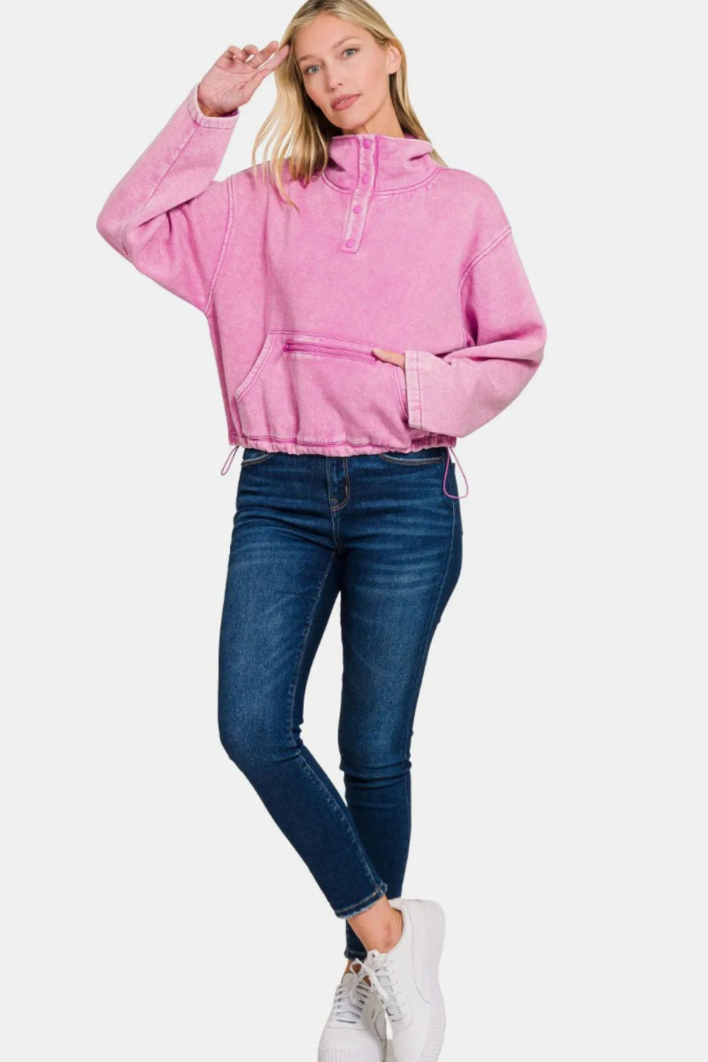 Acid Wash Fleece Half Snap Pullover – Cozy Women’s Casual Sweatshirt