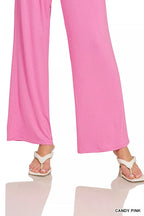 Candy pink wide-leg lounge pants, lower-leg view