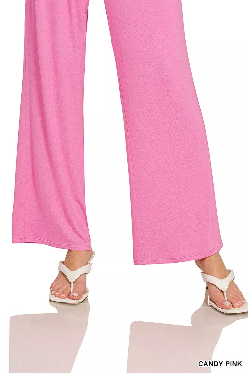 Candy pink wide-leg lounge pants, lower-leg view