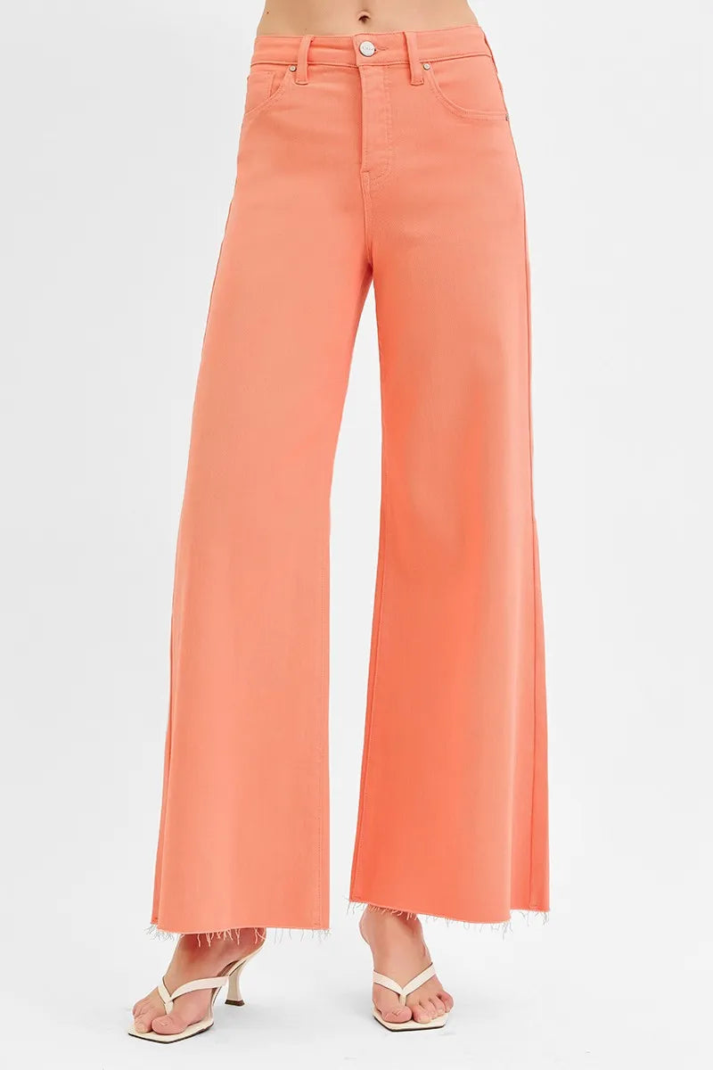 Coral Pink Wide Leg Jeans – High Waist Stretch Denim