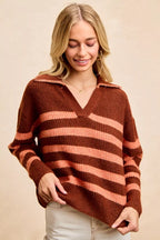 BiBi Striped Sweater Top – Trendy Collared Knit with Stitched Details
