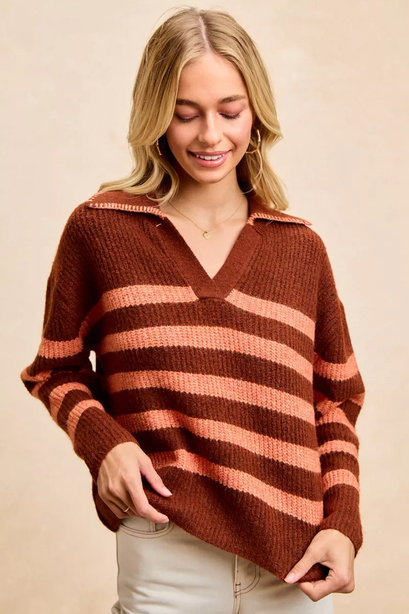 BiBi Striped Sweater Top – Trendy Collared Knit with Stitched Details