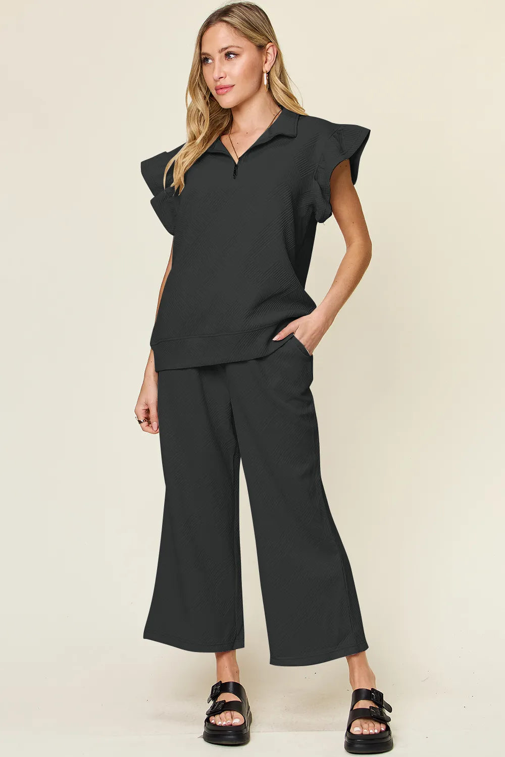 Ruffle Sleeve Top & Wide-Leg Pants Set – Chic, Comfy & Effortless