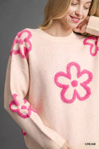 Umgee Round Neck Sweater with Pink Floral Accents – Feminine & Stylish Knit