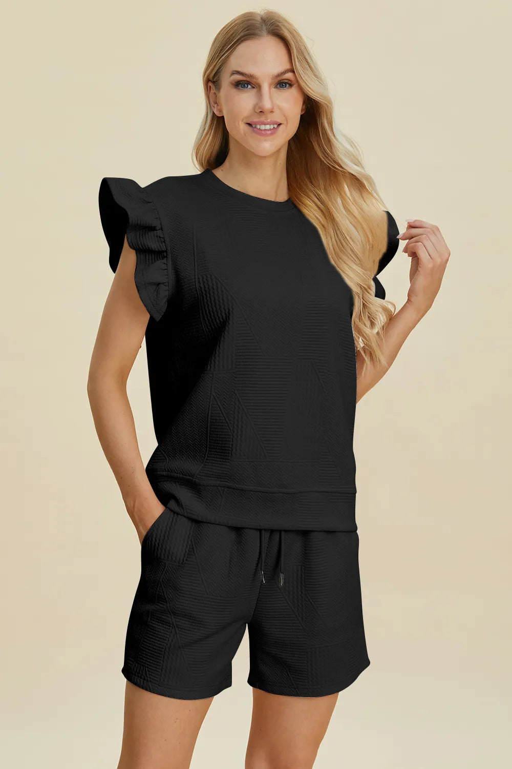 Textured Ruffle Sleeve Top & Shorts Set – Cute, Comfy & Stylish