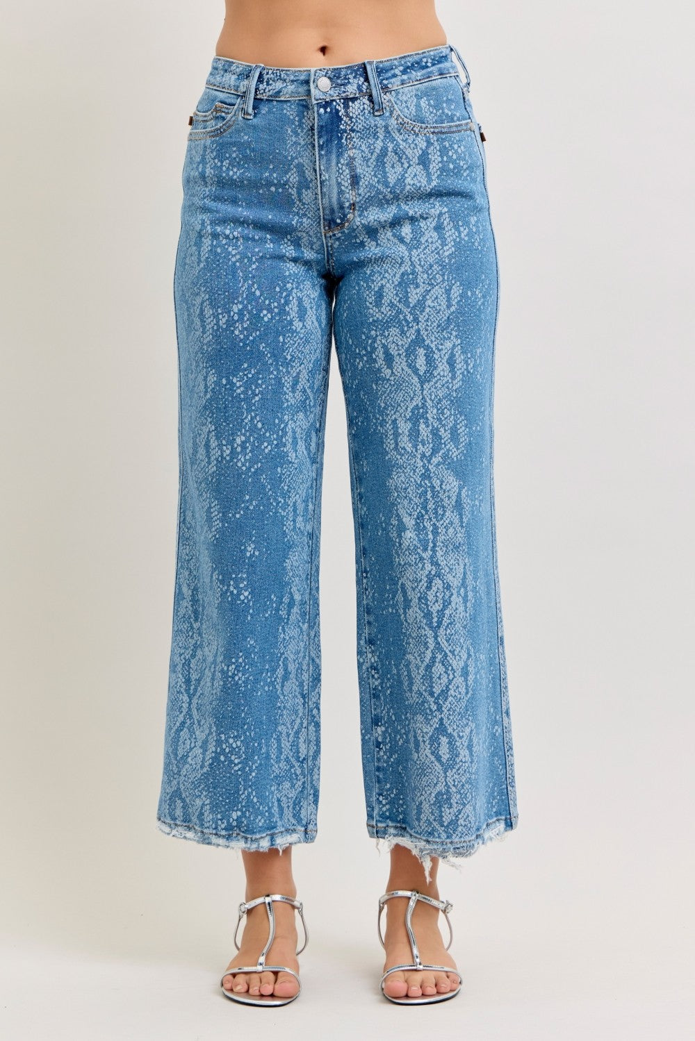 Light blue high-rise ankle wide-leg jeans with snake-print pattern