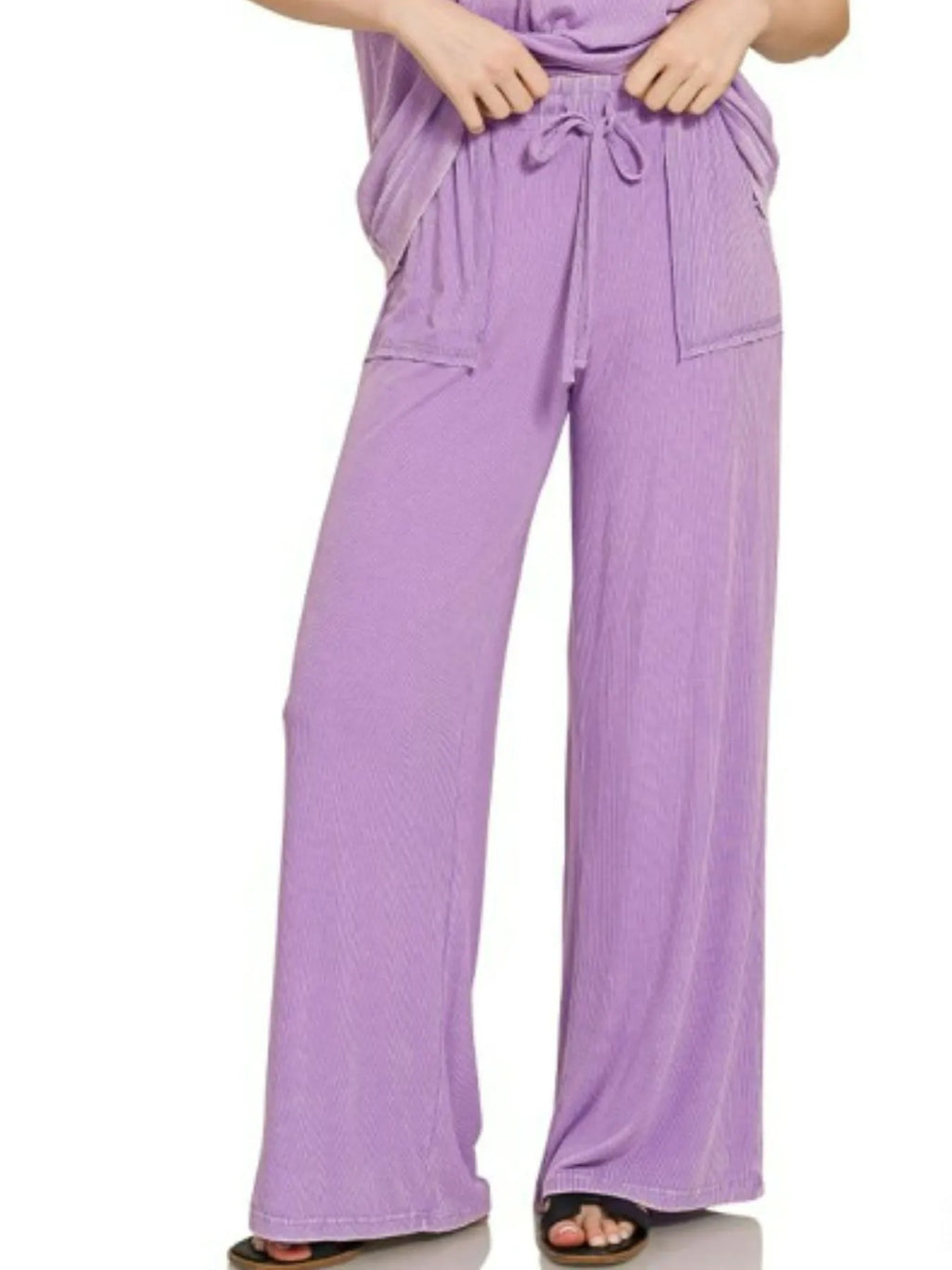 Lavender Lounge Set – Short Sleeve Top & Wide-Leg Drawstring Pants