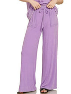 Lavender Lounge Set – Short Sleeve Top & Wide-Leg Drawstring Pants