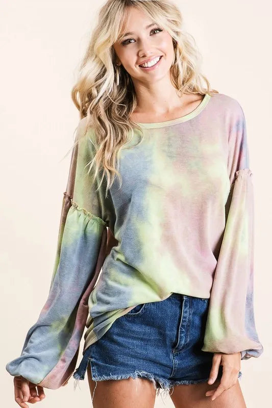 Tie-Dye French Terry Sweatshirt with Bubble Sleeves | Cozy Women’s Pullover