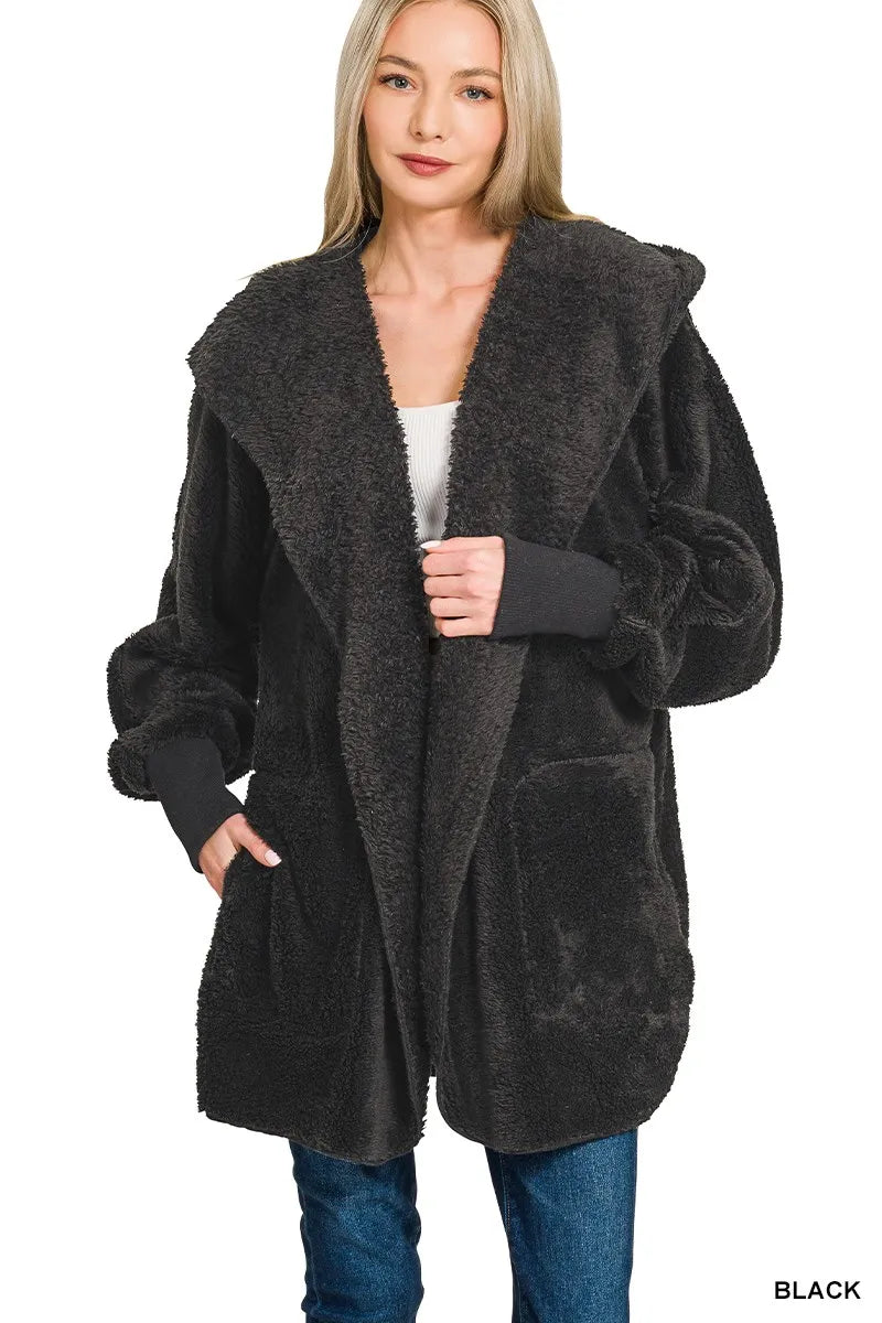 Hooded Faux Fur Jacket with Pockets – Cozy & Chic Winter Outerwear