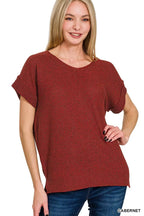 Cabernet center-seam knit top with relaxed short sleeves and crew neckline