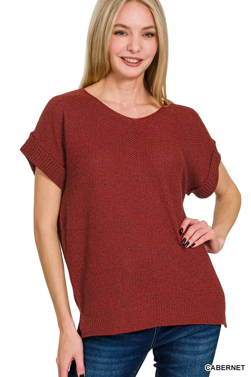 Cabernet center-seam knit top with relaxed short sleeves and crew neckline